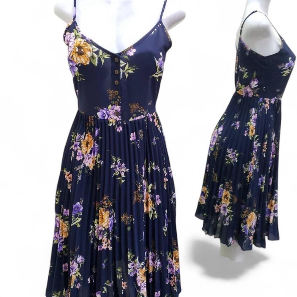 Xhilaration Navy Floral Midi Dress with Yellow & Purple Blooms